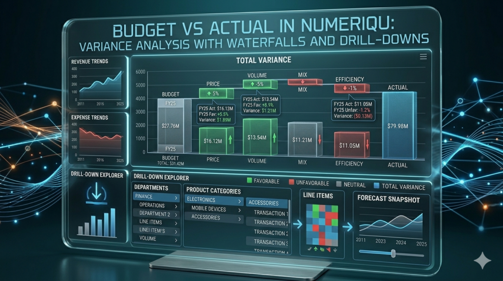Budget vs Actual in NumeriQu: Variance Analysis with Waterfalls and Drill-Downs