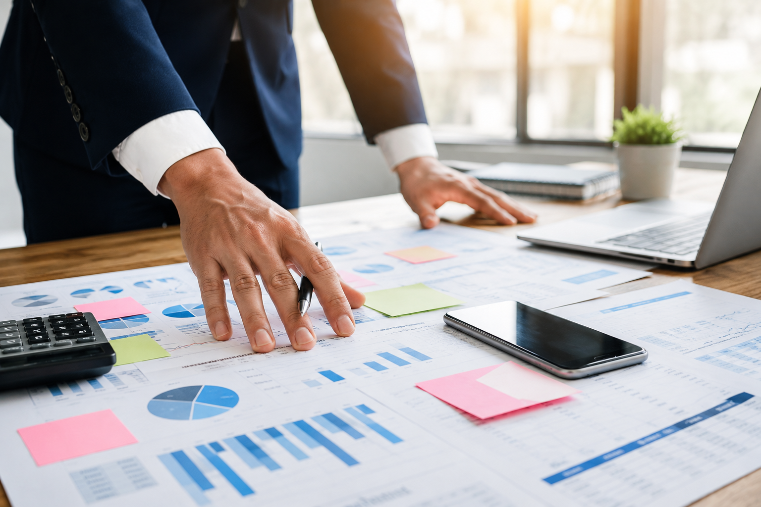 Finance professional analyzing business reports and financial data